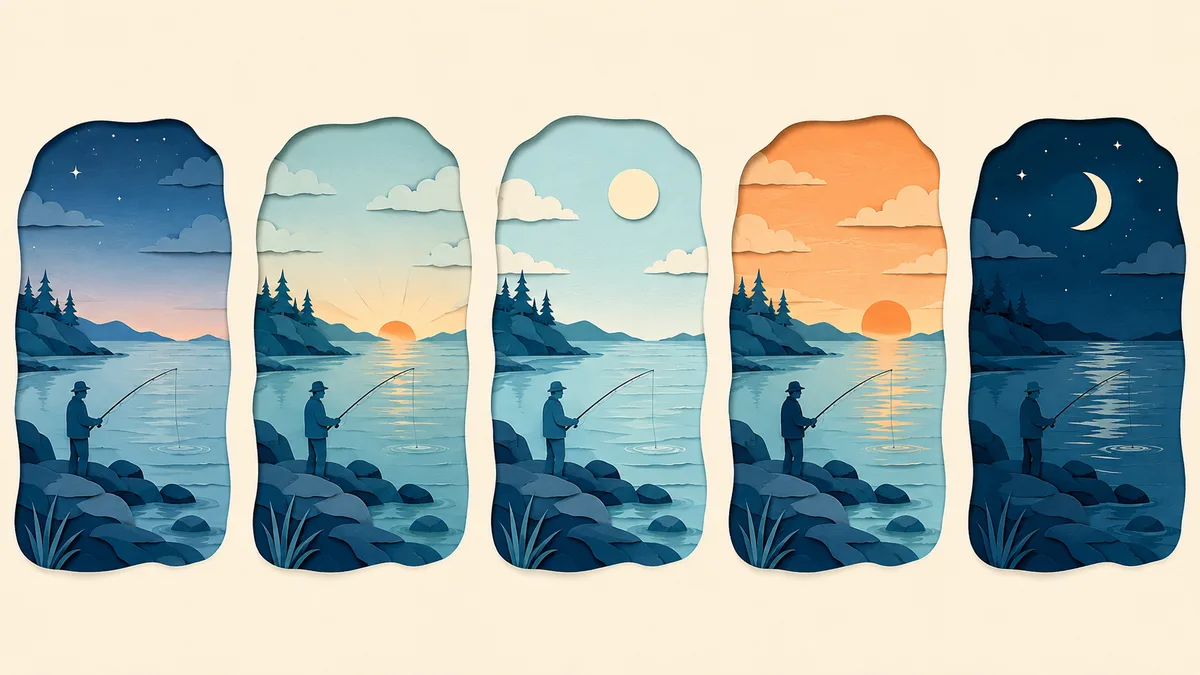 Illustrazione papercut di cinque piccole scene di pesca allineate come tacche su un calendario, ognuna con una luce diversa