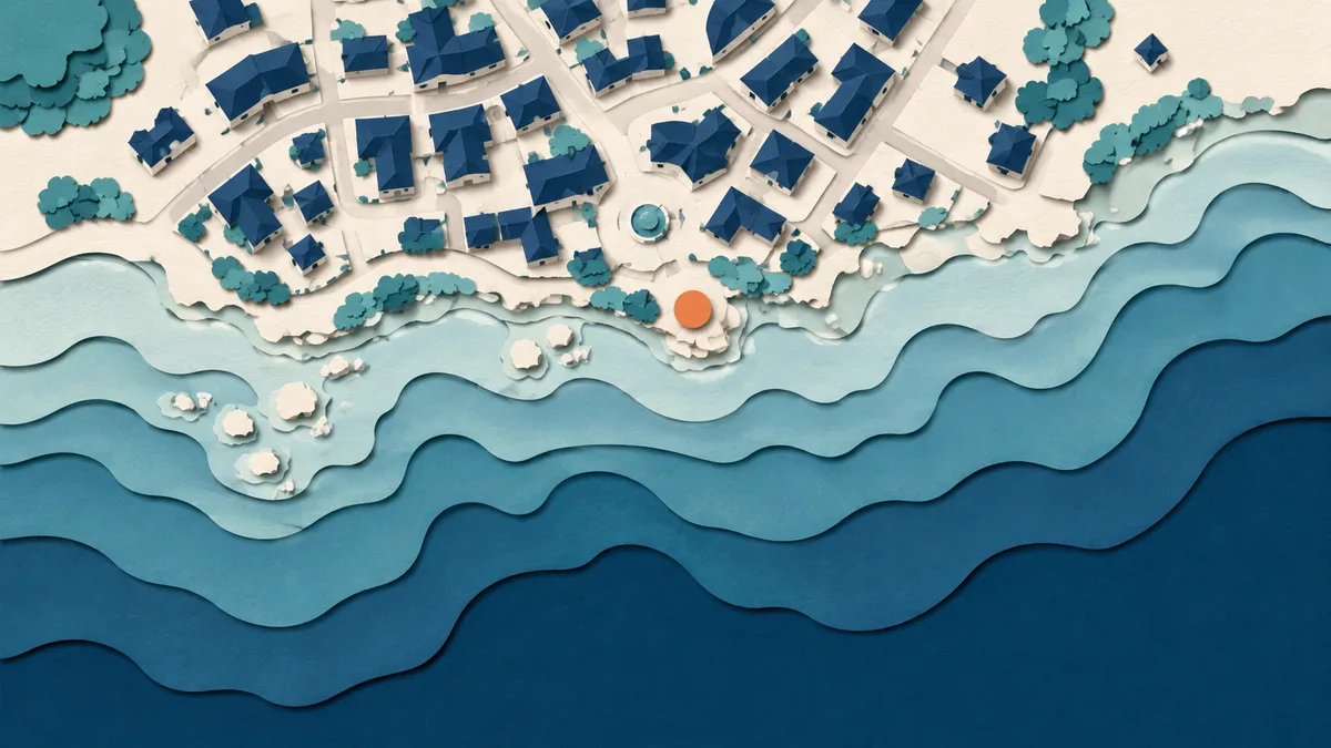 Illustrazione papercut di un tratto di costa vicino a casa visto dall'alto, con un solo punto segnato