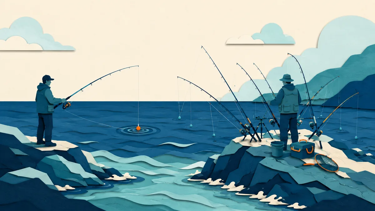 Illustrazione papercut di due pescatori sulla stessa scogliera, uno con una sola canna puntata e uno con molte canne diverse