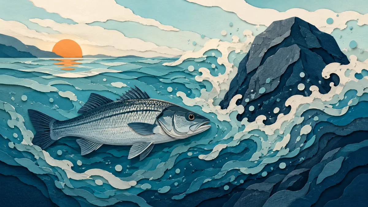 Illustrazione papercut di una spigola che caccia in acqua mossa e torbida vicino a uno scoglio, alle prime luci