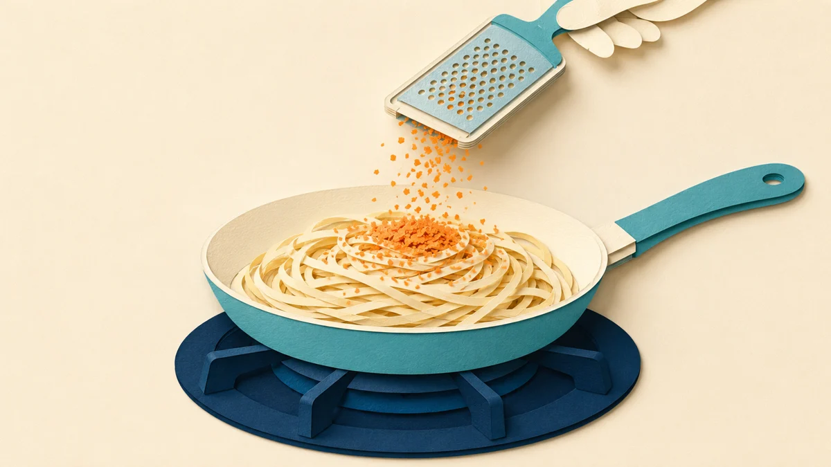 Spaghetti alla bottarga — La mantecatura a fuoco spento, la bottarga grattugiata a pioggia sulla pasta