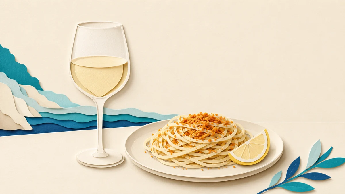 Spaghetti alla bottarga — Un calice di Vermentino accanto al piatto, in stile carta ritagliata