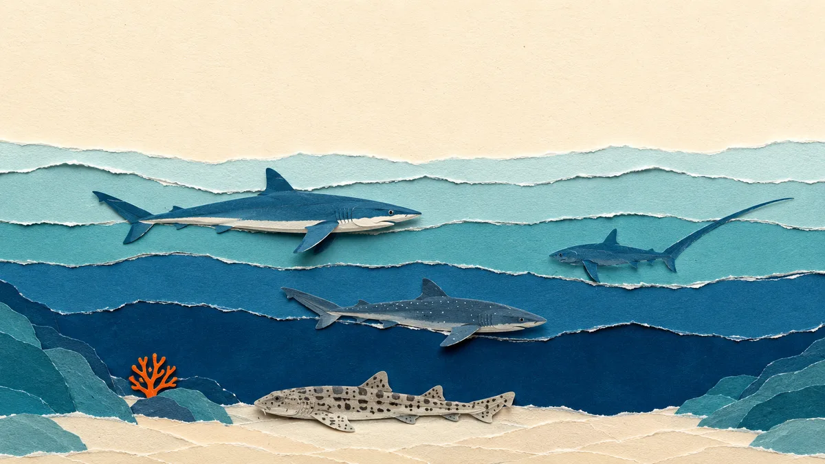 Squali Tirreno — le specie che incontri davvero: verdesca, squalo volpe, gattuccio e palombo su fasce di mare di carta