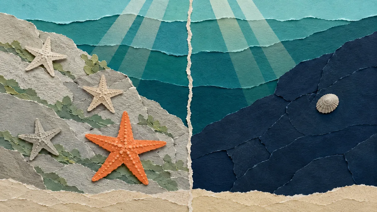 Due pareti rocciose sommerse a confronto: quella incrostata di alghe calcaree porta stelle marine, quella nuda nessuna