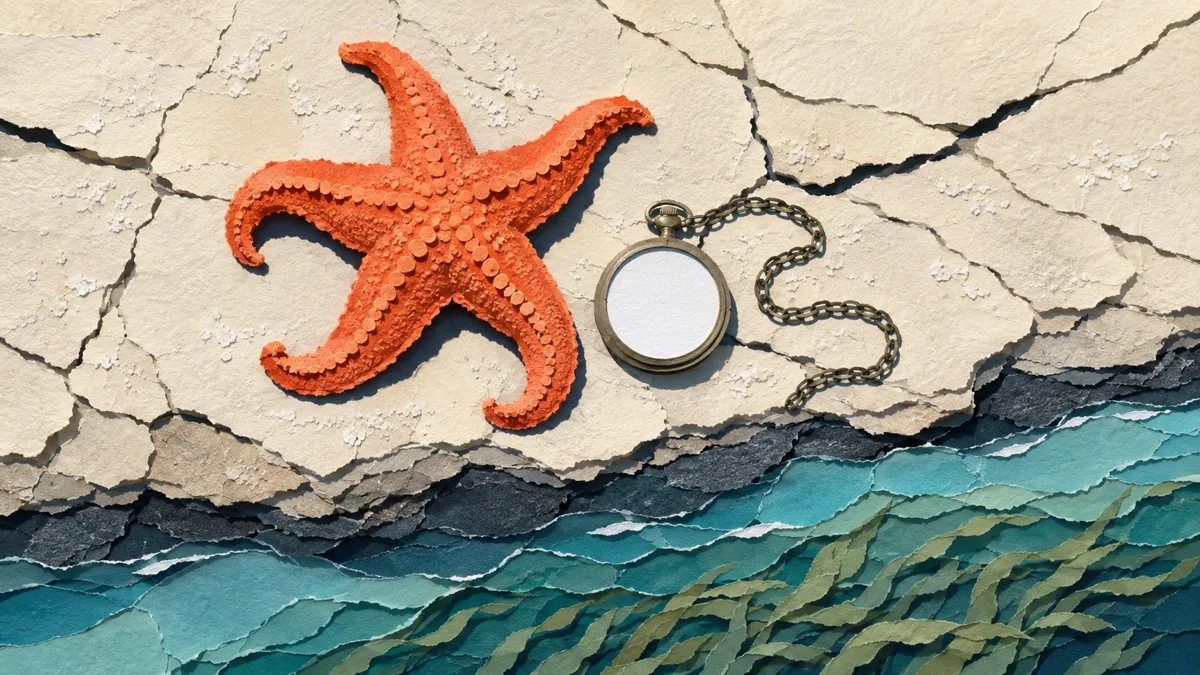 Scoglio asciutto e assolato con una piccola stella marina appoggiata sopra e un cronometro di carta dal quadrante vuoto