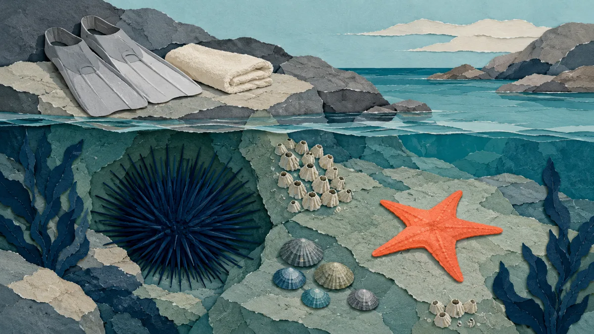 Sezione di pozza di scogliera con un riccio di mare spinoso in primo piano e una piccola stella marina liscia poco distante