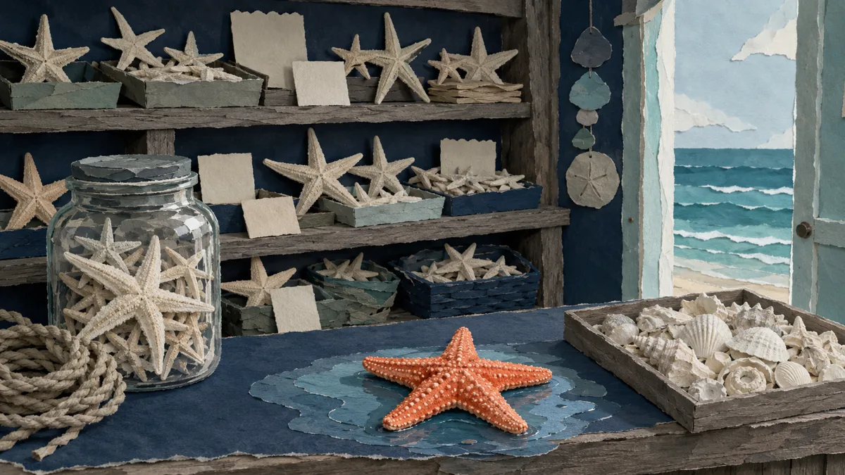 Scaffale di negozio con file di stelle marine essiccate e sbiancate e una sola stella viva appoggiata al bordo