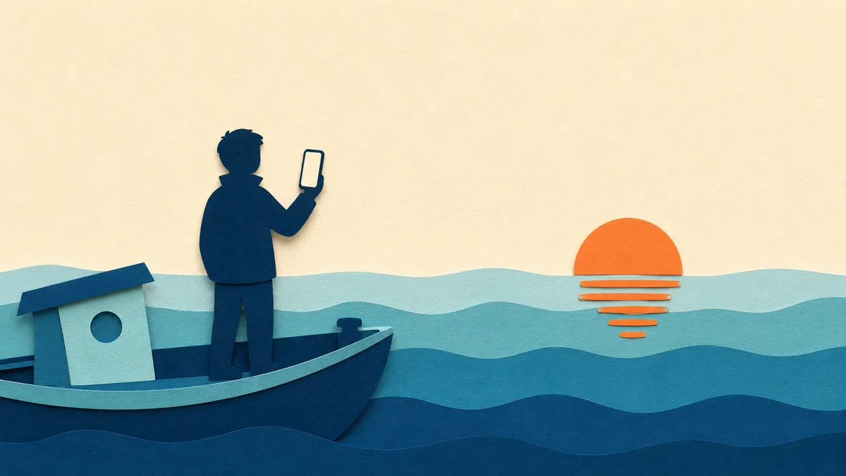 Illustrazione papercut della silhouette di un pescatore sul ponte di una piccola barca al tramonto mentre tiene in mano uno smartphone