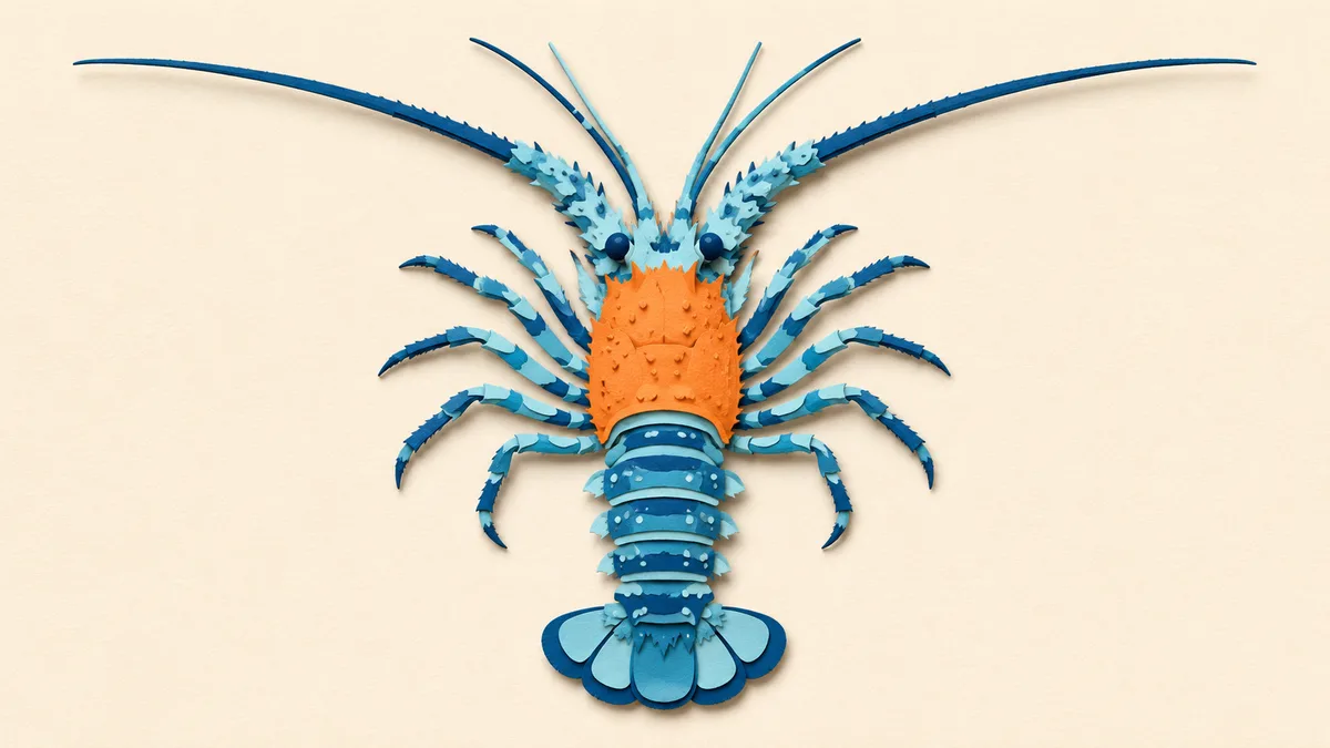 Illustrazione papercut di un'aragosta vista dall'alto su fondo crema, con lo scudo dorsale evidenziato in arancione