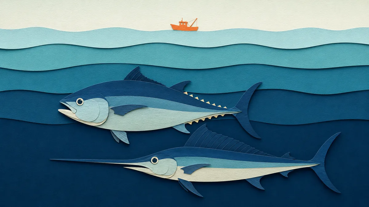 Illustrazione papercut di un tonno rosso e un pesce spada nel blu profondo, con la sagoma di una piccola barca in superficie molto più in alto