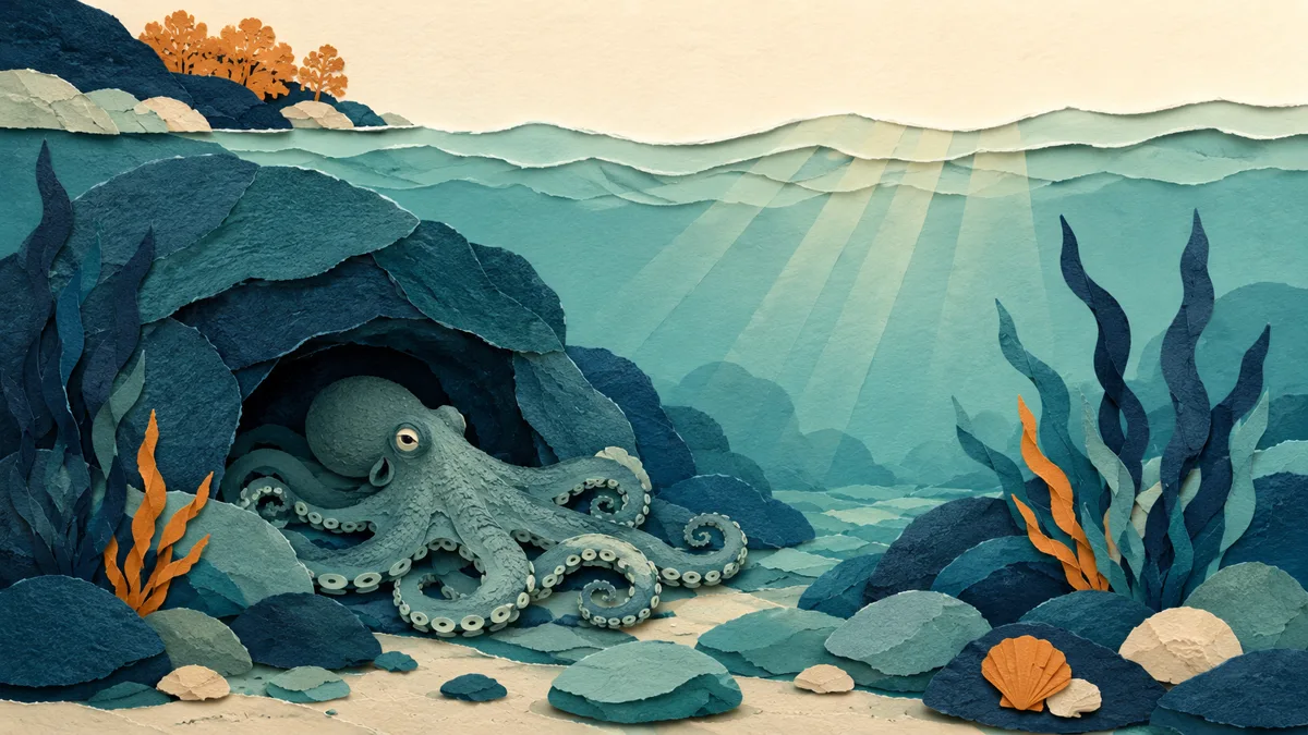 Scena costiera d'autunno, il polpo vicino alla tana sotto costa