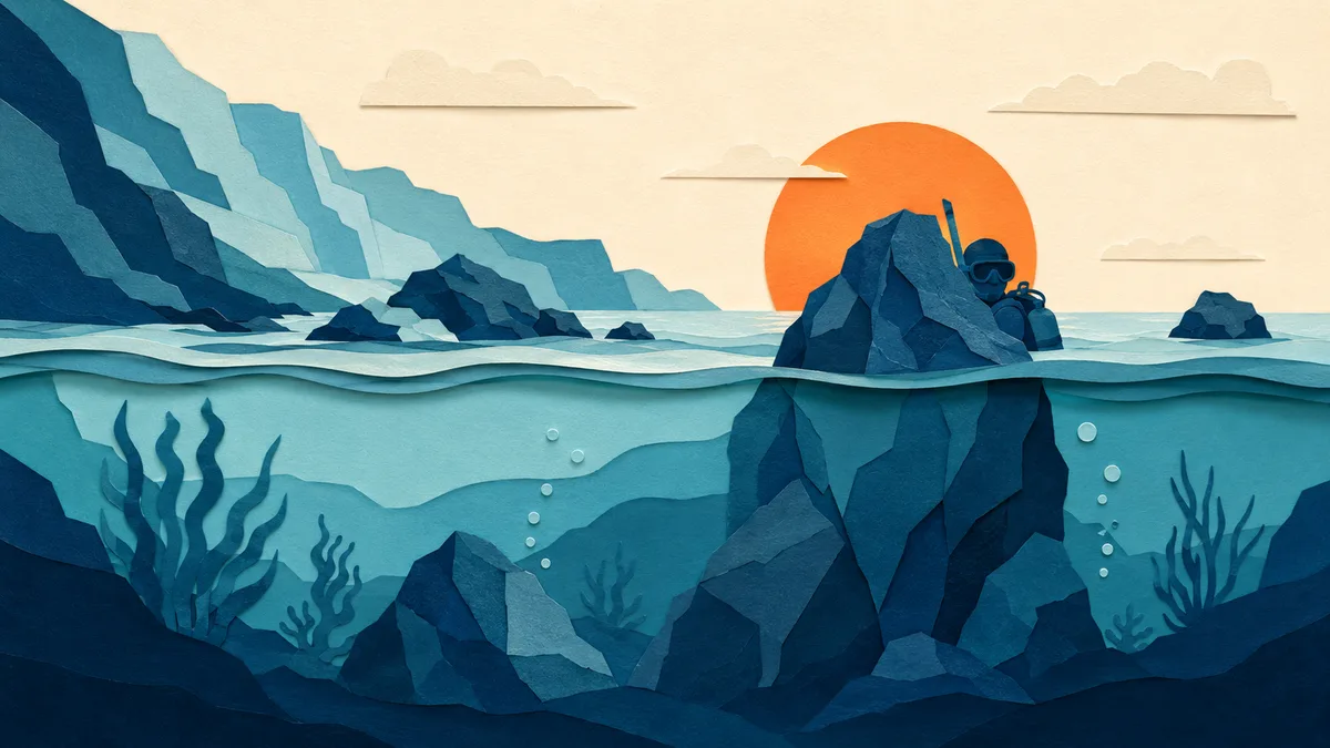 Illustrazione papercut di una costa frastagliata con massi affioranti e un subacqueo che avanza in superficie nascosto dietro una quinta di roccia, sole arancione basso alle sue spalle