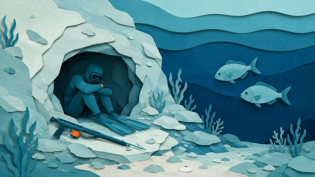 Illustrazione papercut di un subacqueo di carta rannicchiato in una conca di roccia sul fondo, immobile, mentre due pesci curiosi si avvicinano dal blu