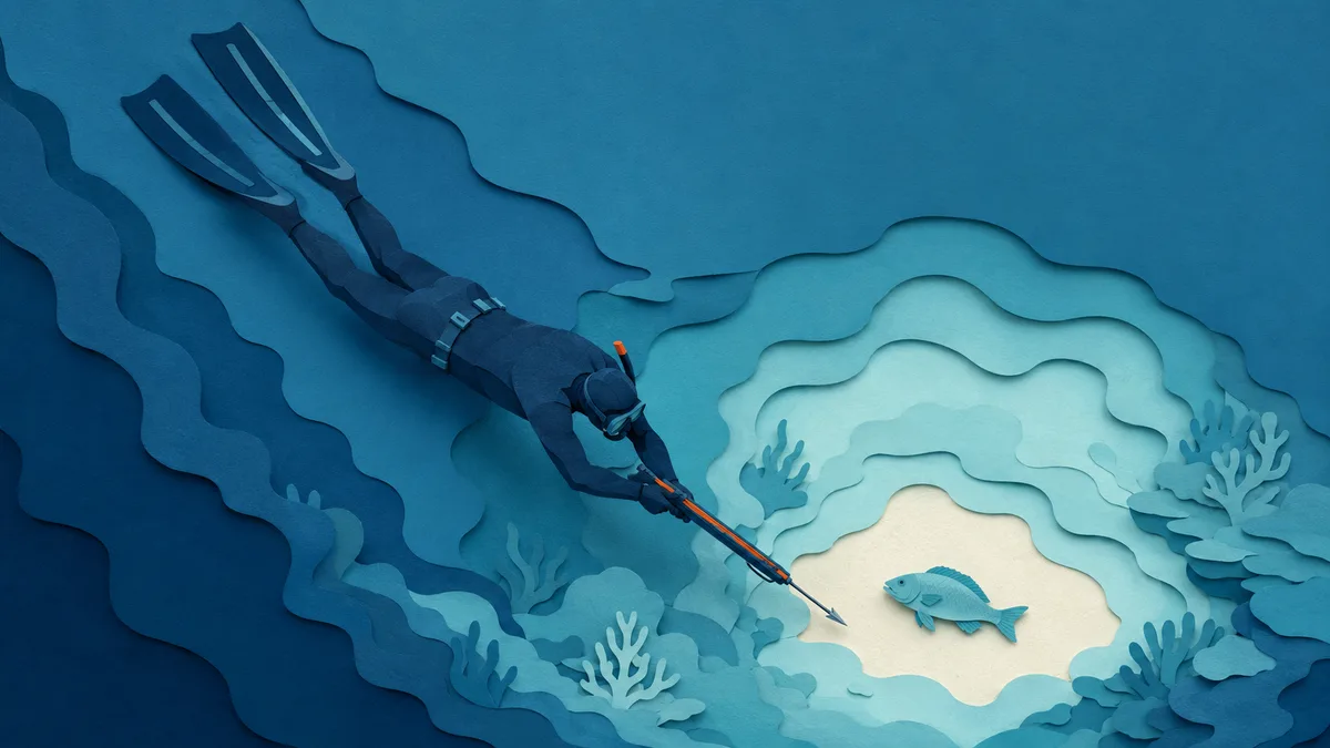 Illustrazione papercut vista dall alto: un subacqueo di carta che scende obliquo verso un pesce sul fondo, con un cono di visuale cieca sopra la testa del pesce