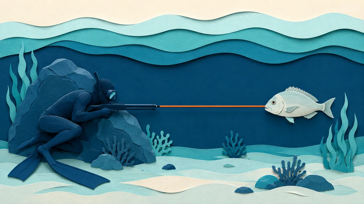 Illustrazione papercut in sezione: un pescatore subacqueo di carta immobile dietro un masso sul fondale e un sarago a distanza, con una fascia arancione che misura lo spazio tra i due