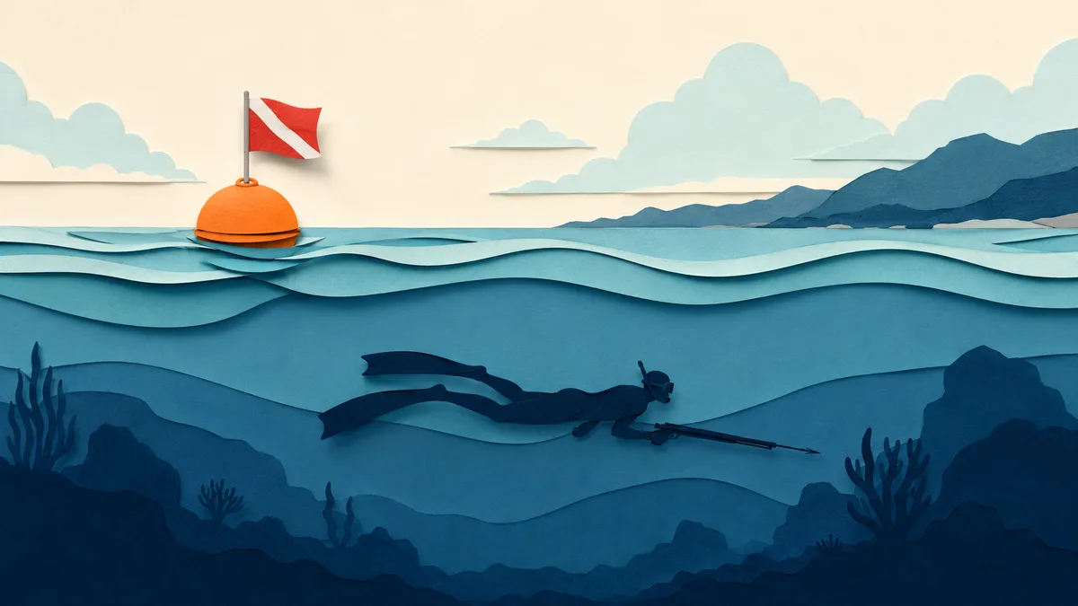 Illustrazione papercut di una boa segnasub arancione con bandiera rossa e striscia bianca in superficie, ombra del subacqueo sotto e costa lontana sullo sfondo