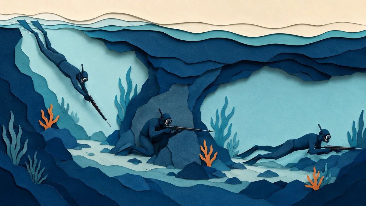 Illustrazione papercut in sezione di un corridoio roccioso sott acqua con tre posizioni successive dello stesso subacqueo di carta, dalla capovolta all appostamento