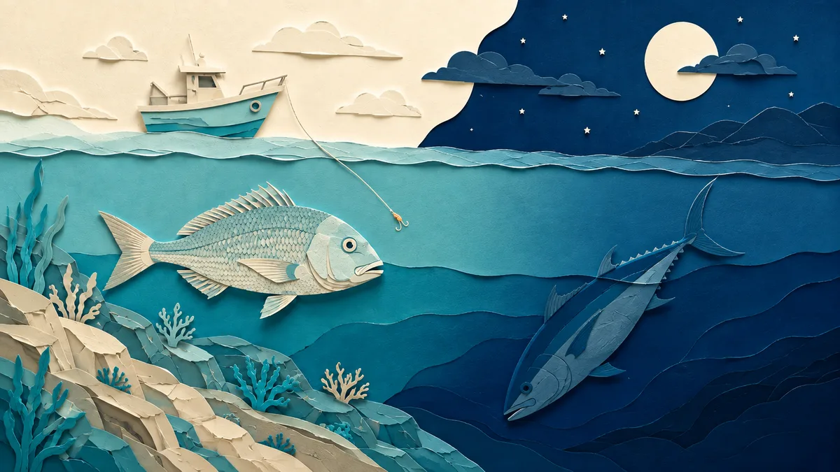 Un dentice pattuglia il bordo dell'acqua calda sopra una secca mentre una calata scende dalla barca; sullo sfondo notturno un tonno attraversa il salto termico