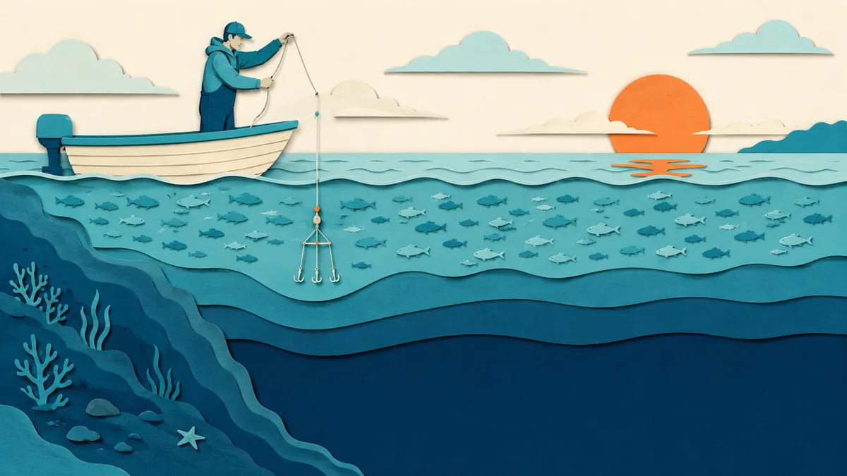 Pescatore su una piccola barca all'alba recupera una calata vuota; accanto, la sezione del mare mostra lo strato alto pieno di pesci e quello basso deserto