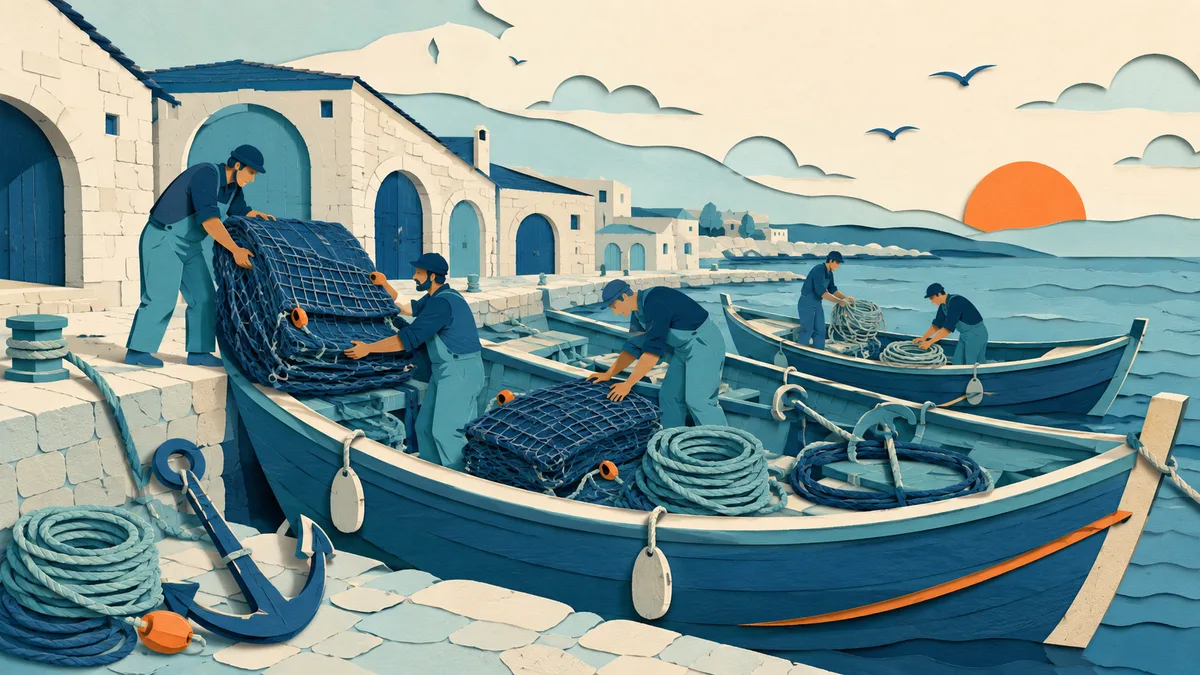 Illustrazione papercut di pescatori che caricano reti, cavi e ancore su lunghe barche in un porto siciliano