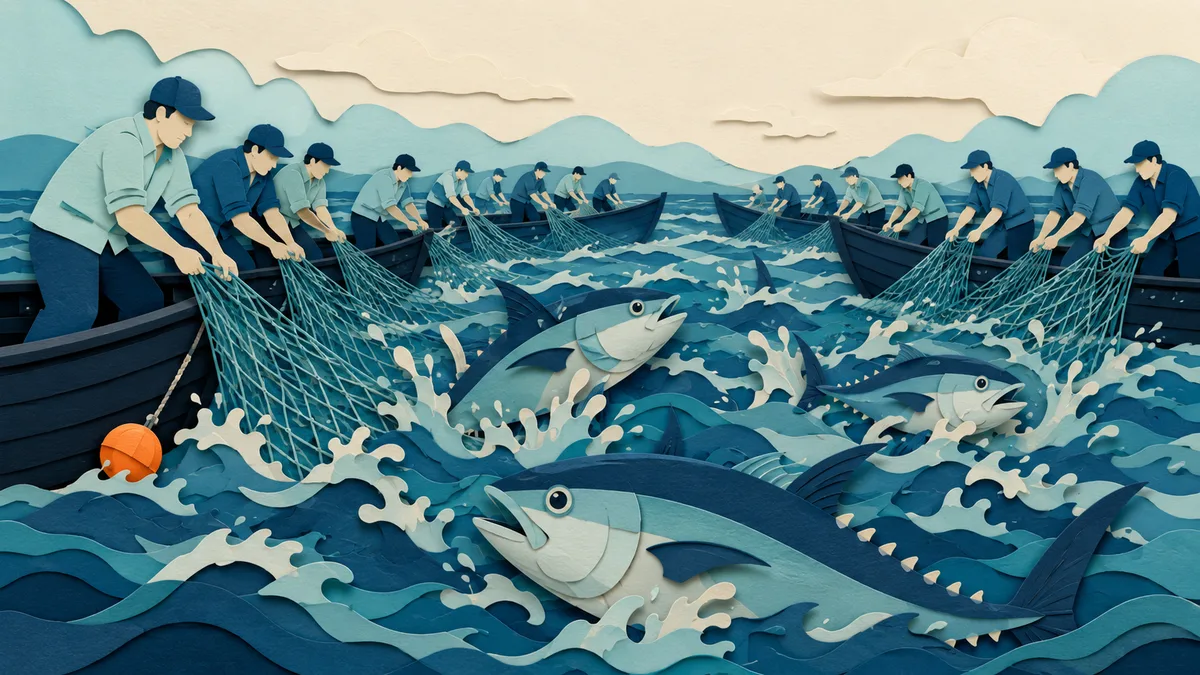Illustrazione papercut di file di pescatori che issano a braccia una grande rete piena di tonni tra le barche