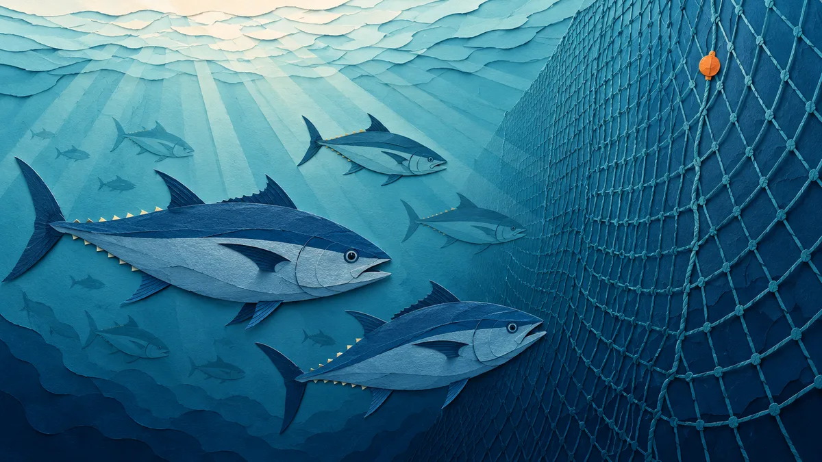 Illustrazione papercut di un branco di tonni che costeggia un lungo muro di rete calato in acqua profonda