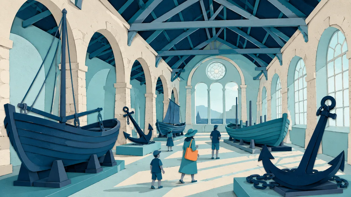 Illustrazione papercut della grande sala restaurata dell'ex stabilimento con barche e ancore esposte