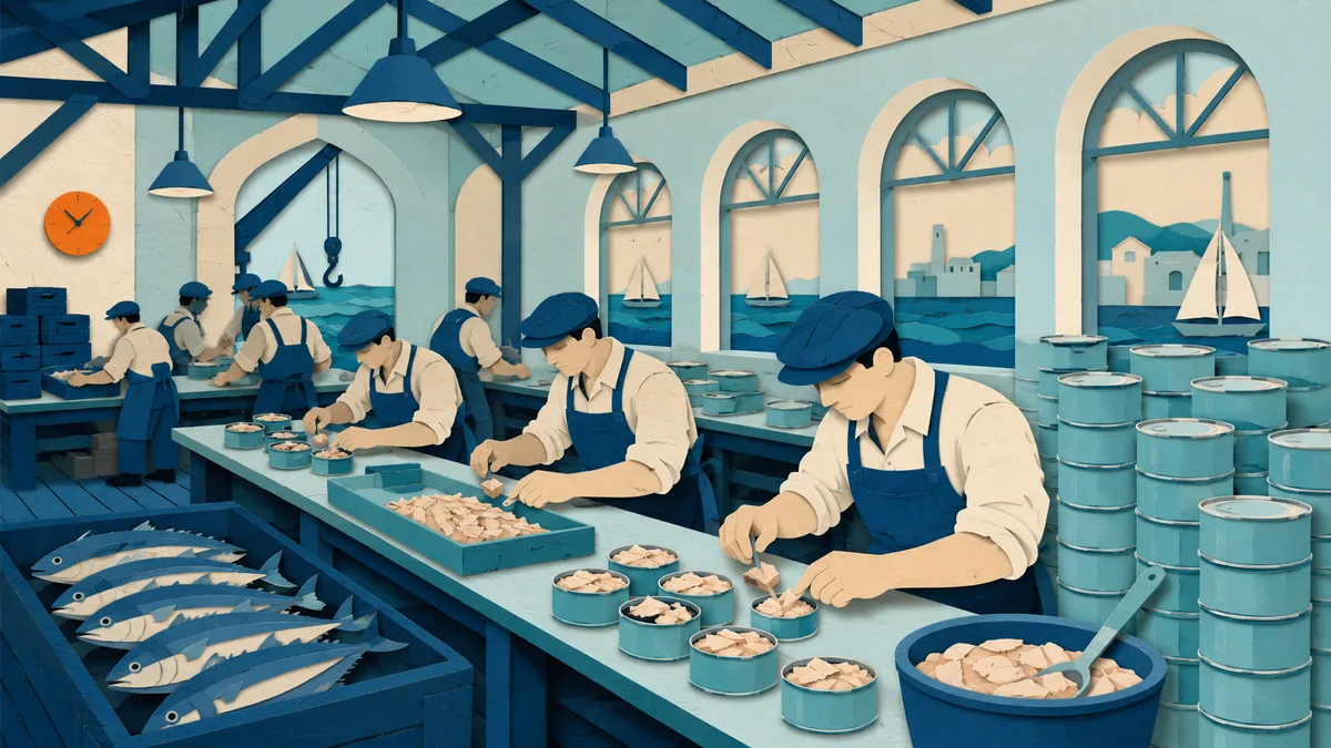 Illustrazione papercut dell'interno di una fabbrica ottocentesca dove si riempiono scatolette di tonno sott'olio