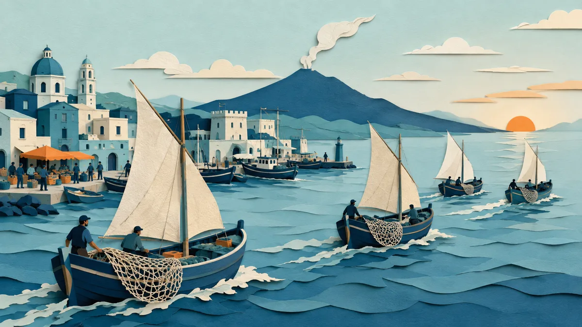 Illustrazione papercut di piccole barche a vela che lasciano un porto all'alba verso il mare aperto