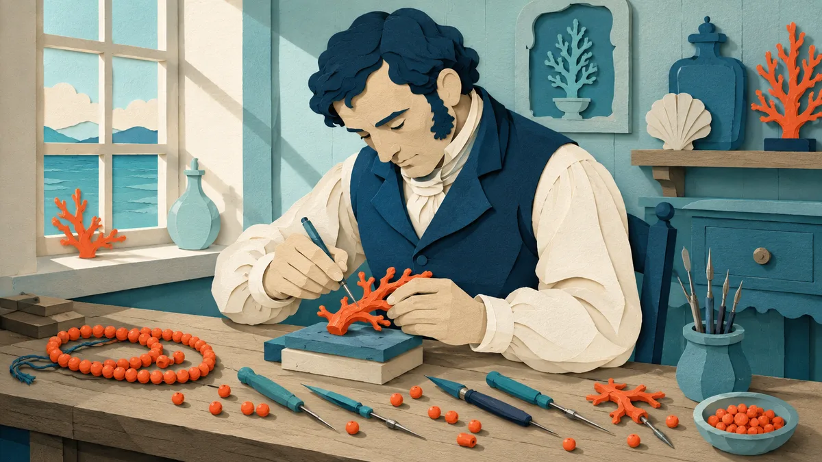 Illustrazione papercut di un incisore di primo Ottocento che lavora un ramo di corallo rosso al banco