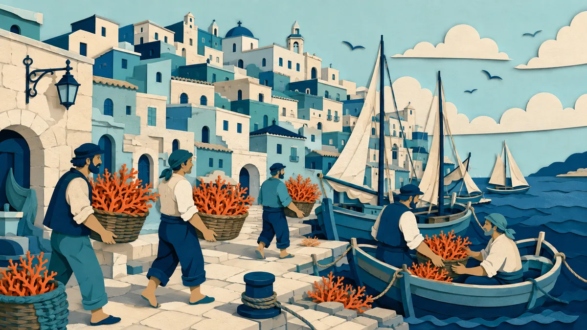 Illustrazione papercut di un porto affollato con pescatori che portano ceste piene di rami di corallo rosso