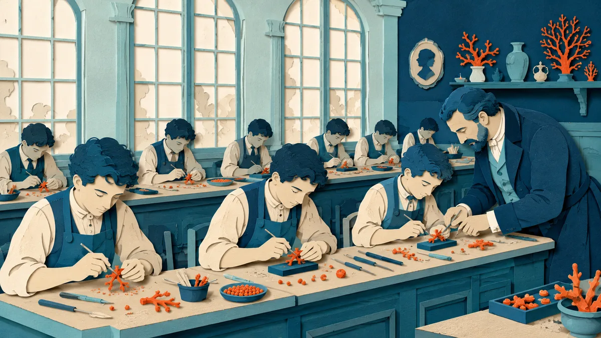 Illustrazione papercut di un'aula dove giovani apprendisti incidono piccoli pezzi di corallo rosso