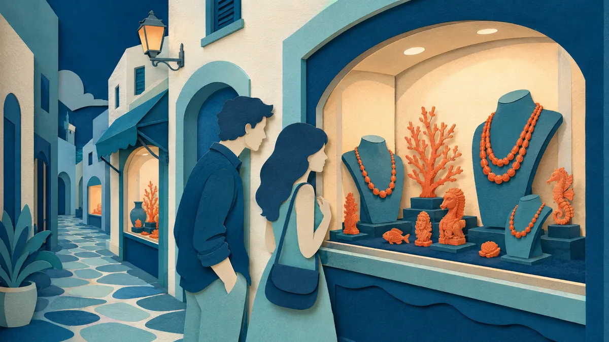 Illustrazione papercut di una strada serale con vetrine artigiane piene di gioielli di corallo rosso