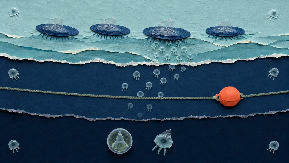 Il ciclo di vita: la colonia in superficie, le meduse minuscole che scendono in profondità e la larva che risale costruendo la vela