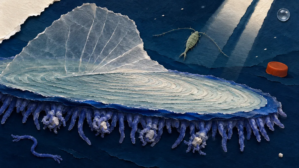 Dettaglio del bordo di una velella con i polipi armati che catturano minuscole prede di plancton