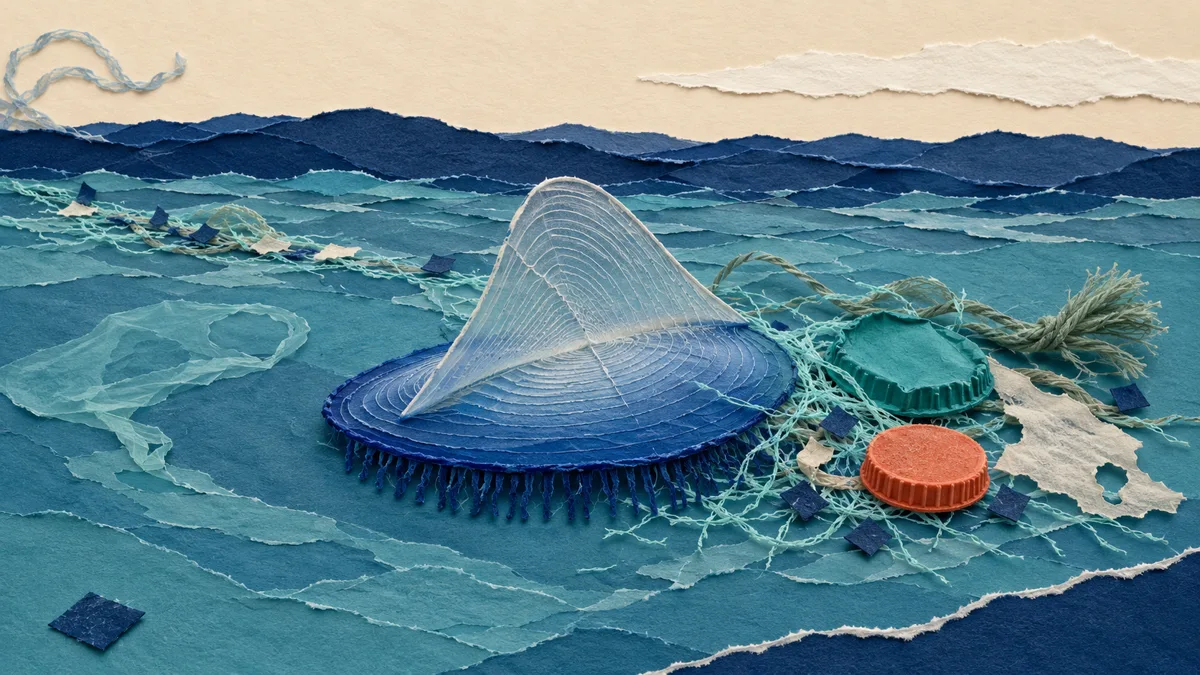 Una velella in superficie circondata da minuscole fibre e frammenti di plastica che galleggiano insieme a lei