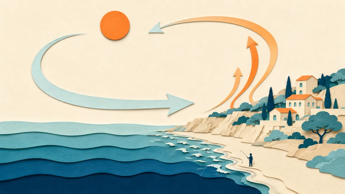 Illustrazione a strati di carta di una costa a mezzogiorno: il sole arancio in alto, l'aria che sale dalla terra e rientra dal mare come un anello, il mare a fasce sempre più scure