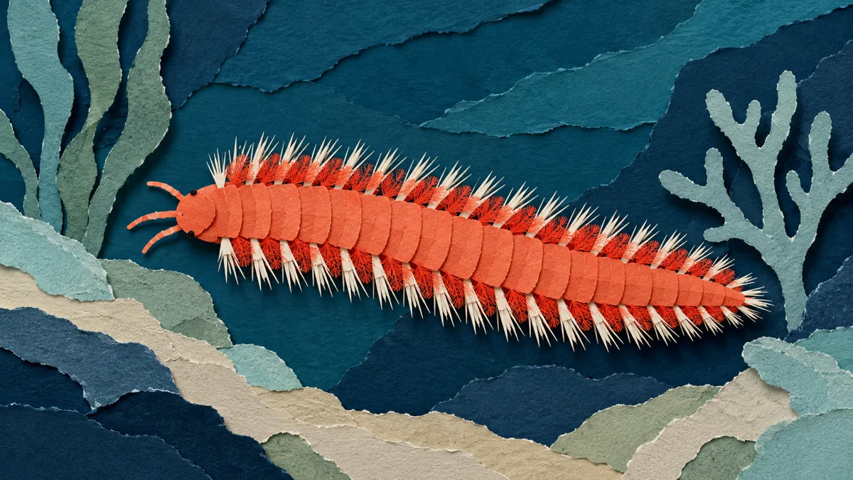 Illustrazione papercut ravvicinata di un vermocane arancione dal corpo segmentato, con ciuffi di setole bianche sui fianchi e branchie rosse