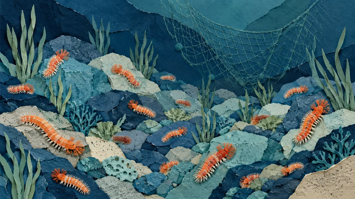 Illustrazione papercut di un fondale del Sud Italia con più vermocani arancioni tra le rocce e una rete da pesca sullo sfondo in tonalità fredde