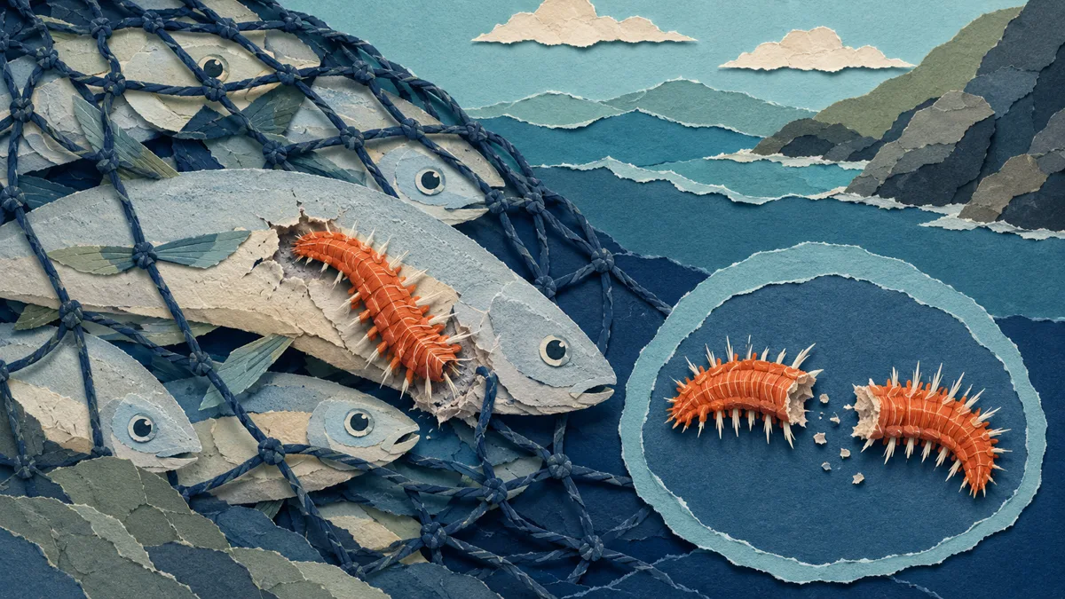 Illustrazione papercut di una rete da pesca con pesci e un vermocane arancione tra le maglie, e accanto un verme tagliato in due che ricresce