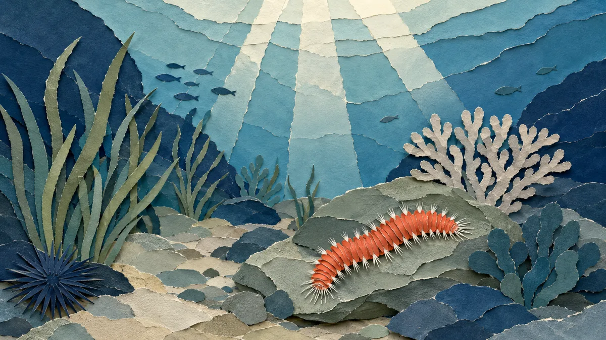 Illustrazione papercut di un vermocane arancione a suo agio su un fondale mediterraneo caldo e luminoso, ambiente di casa e non esotico