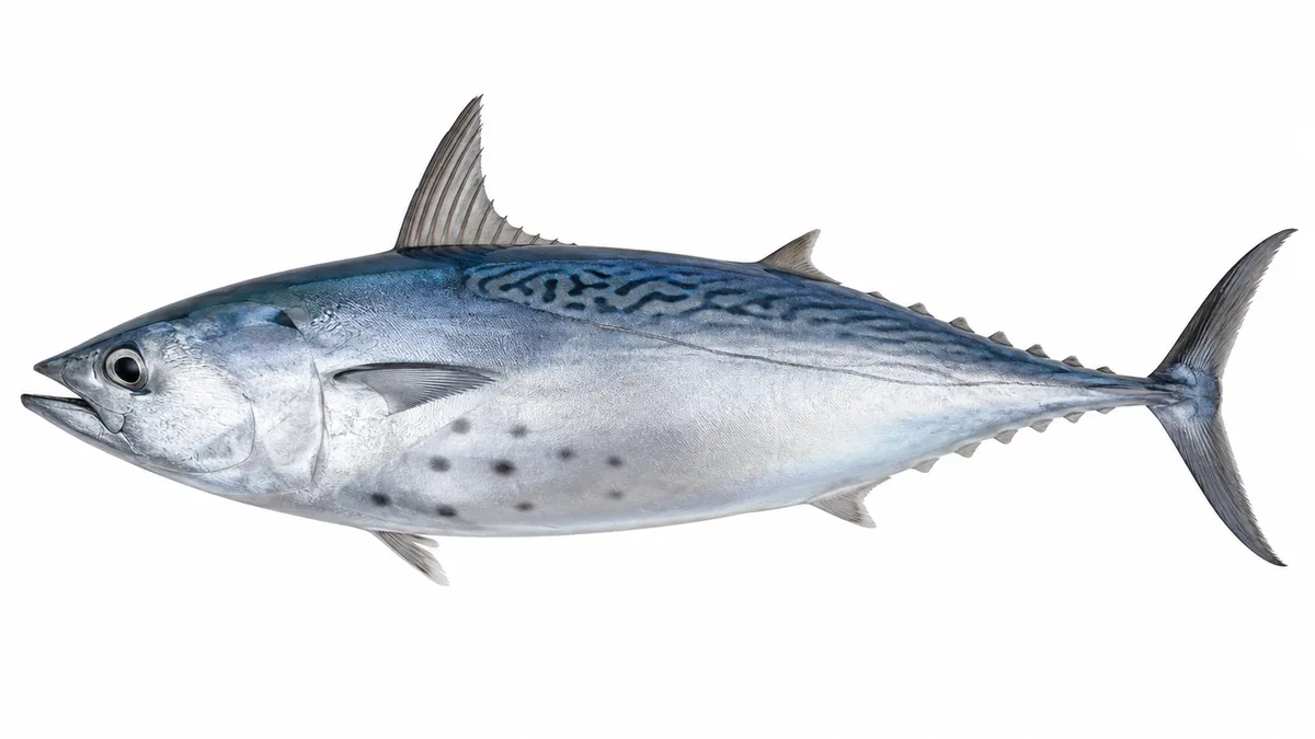 Alletterato (Euthynnus alletteratus): esemplare su sfondo bianco