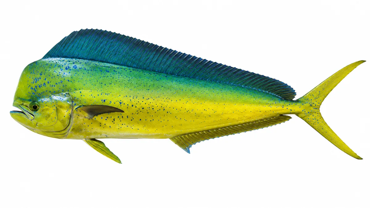 Lampuga (Coryphaena hippurus): esemplare su sfondo bianco