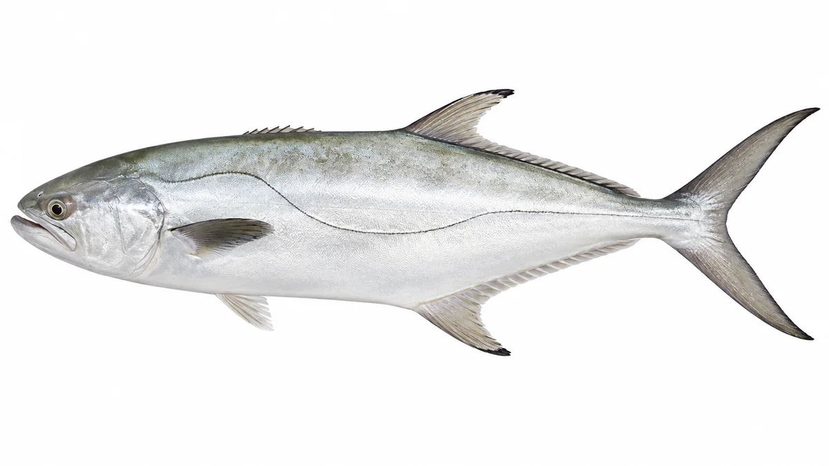 Leccia (Lichia amia): esemplare su sfondo bianco