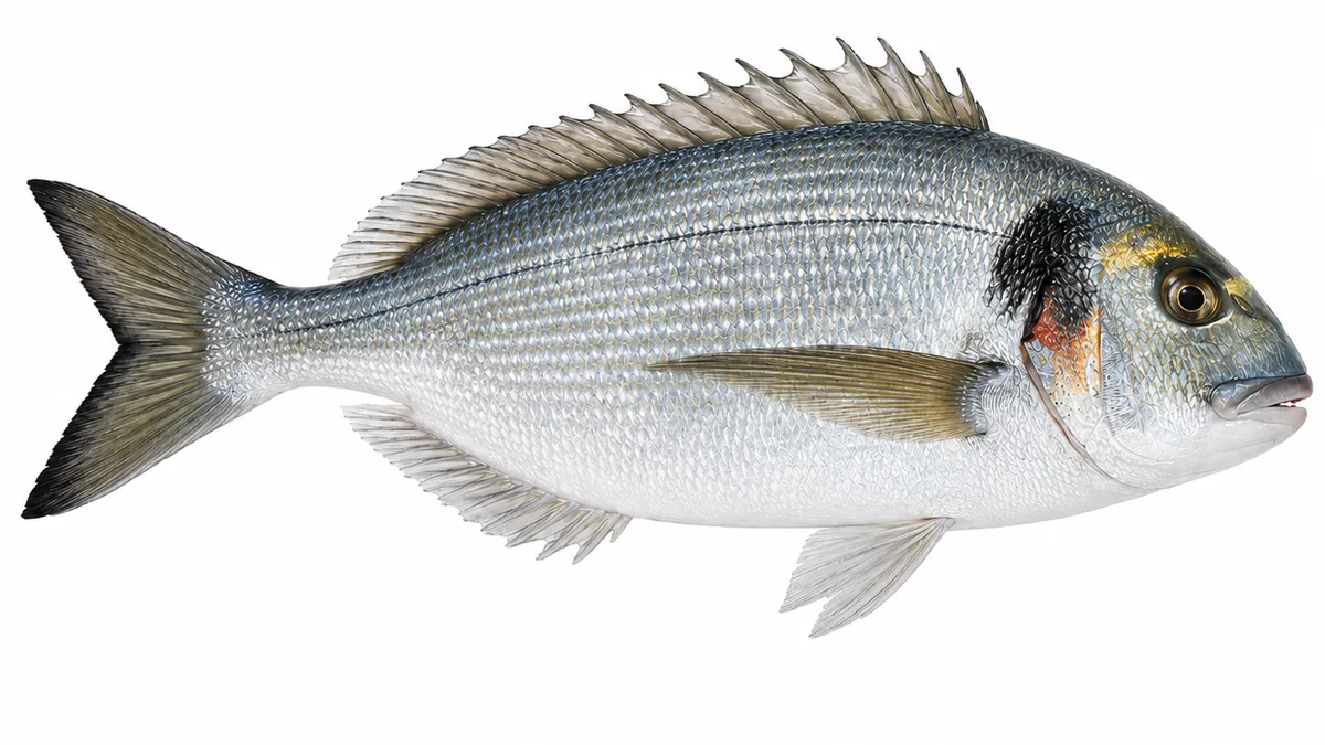 Orata (Sparus aurata): esemplare su sfondo bianco
