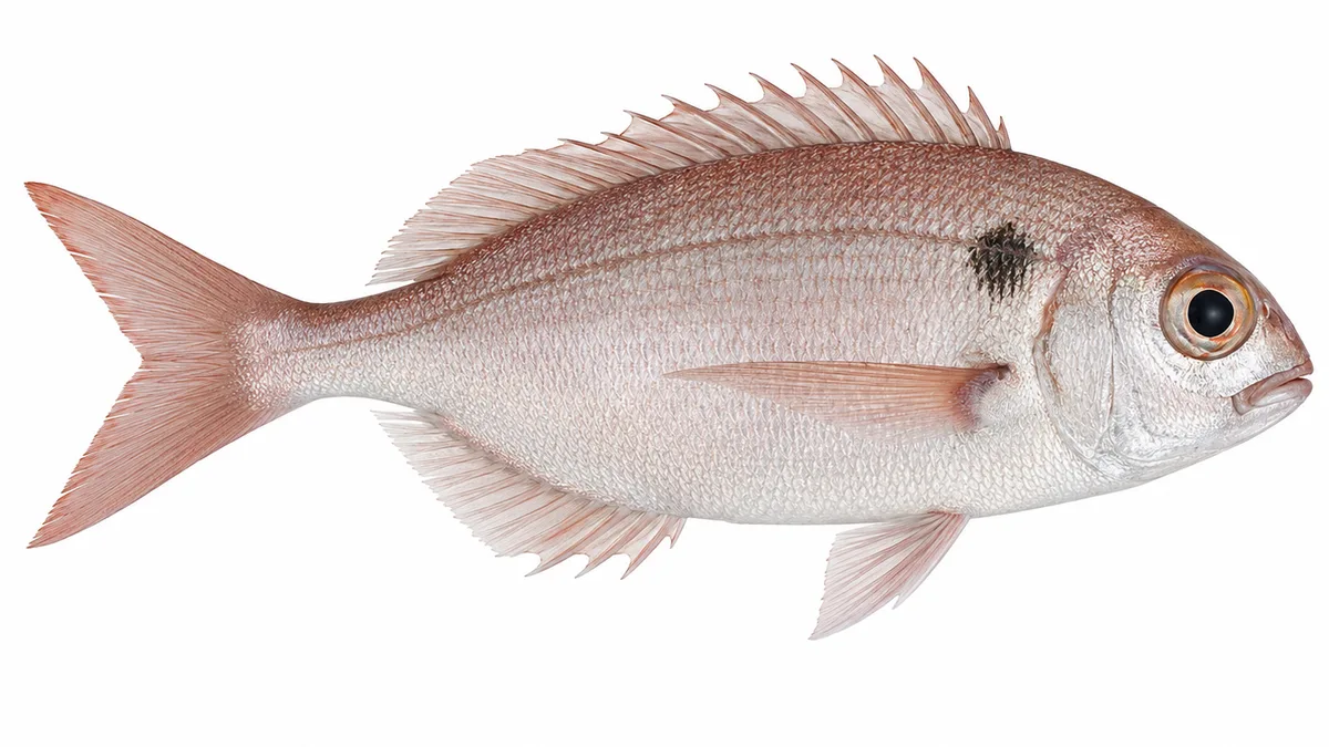 Occhione (Pagellus bogaraveo): esemplare su sfondo bianco