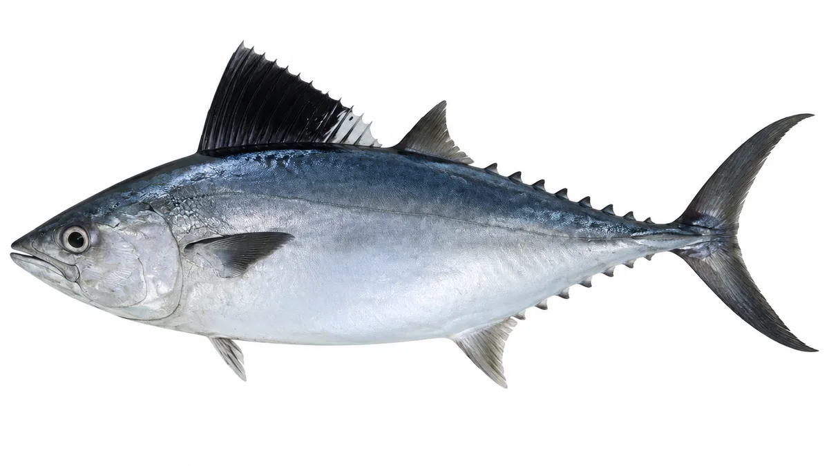 Palamita bianca (Orcynopsis unicolor): esemplare su sfondo bianco