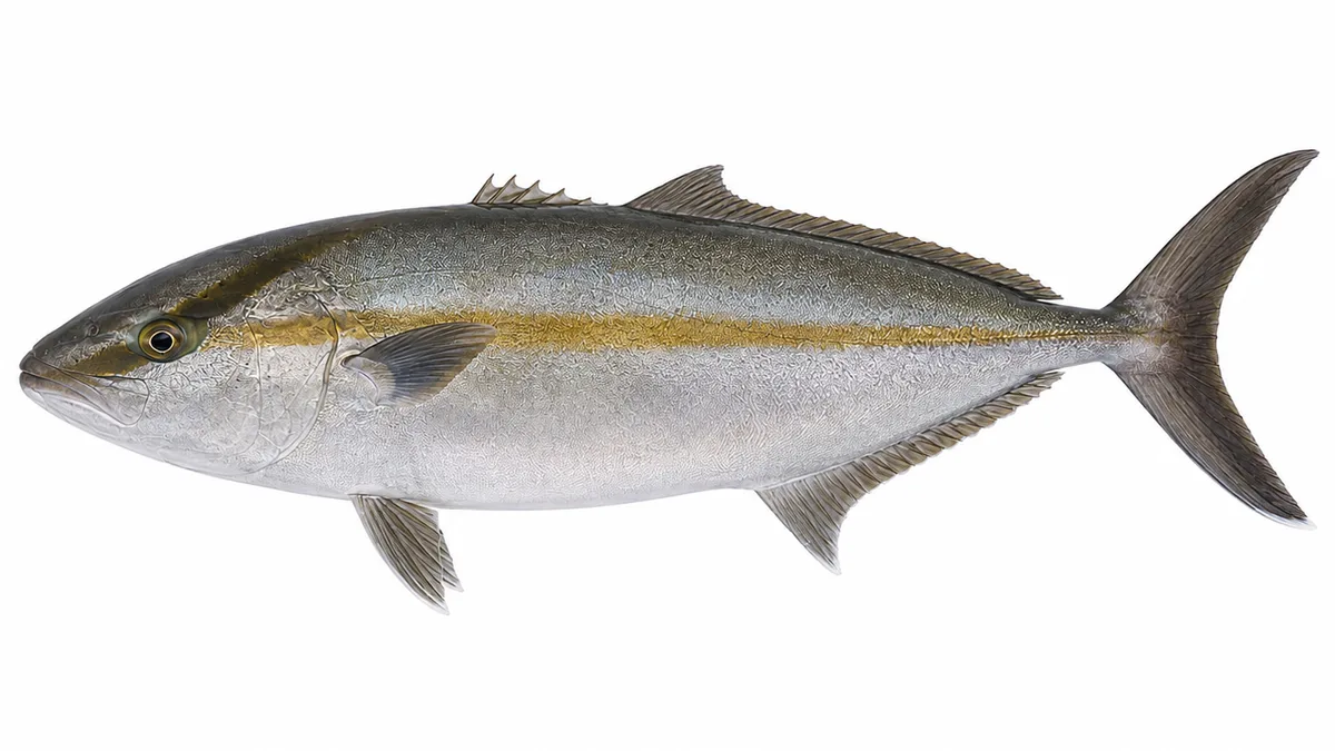 Ricciola (Seriola dumerili): esemplare su sfondo bianco