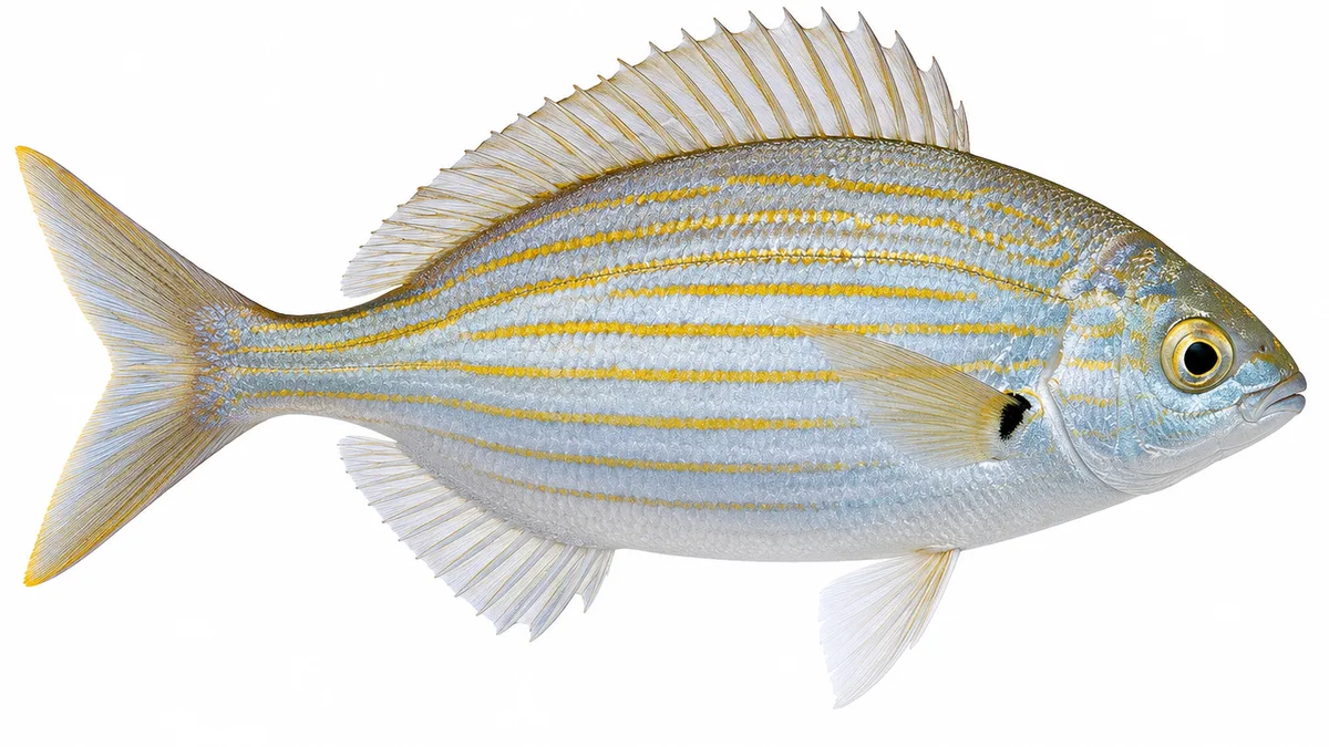 Salpa (Sarpa salpa): esemplare su sfondo bianco