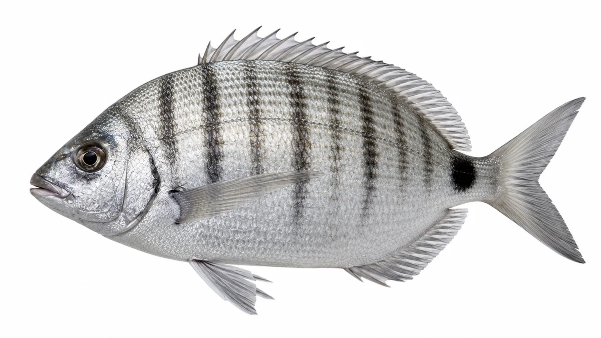 Sarago maggiore (Diplodus sargus): esemplare su sfondo bianco